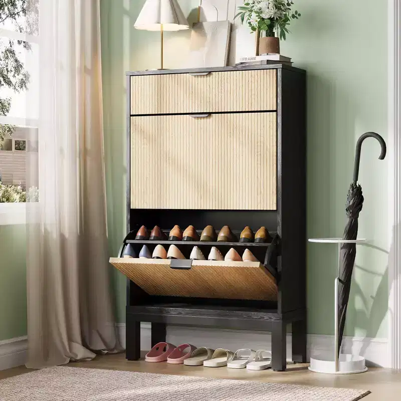 2 Flip Drawers,Freestanding Hidden Slim Narrow Shoe Rack for Entryway, Shoe Storage Cabinet