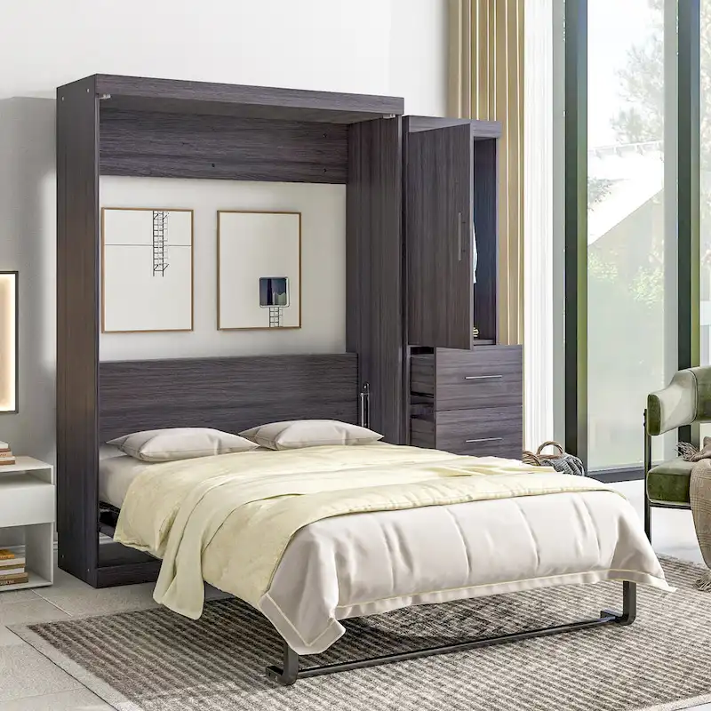 Gray Foldable Murphy Bed with Wardrobe & 3 Drawers, Full/Twin, 1-Person