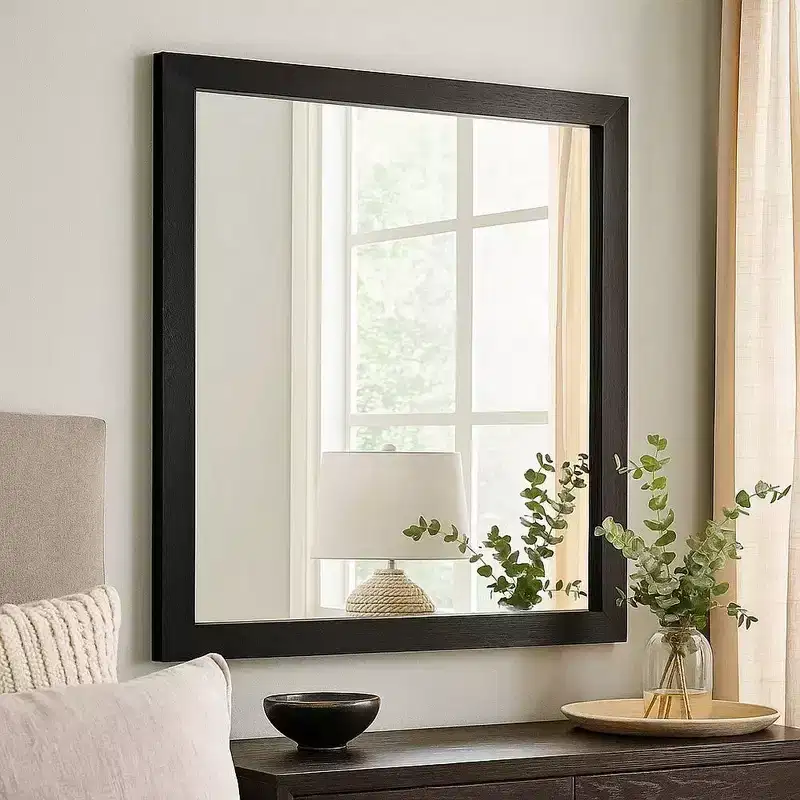 Royal Hampton Dresser Mirror, Beveled Glass, Black Wood, 40 Inch Square