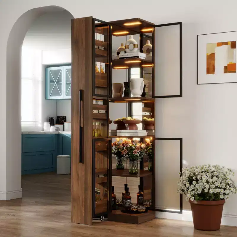 Rustic Wooden 70 Display Cabinet with Glass Doors and Lights