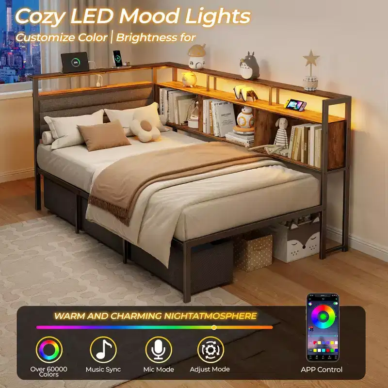 Corner Twin Bed Frame with Bookcase Headboard LED Lights Charging Station 3 Storage Drawers Upholstered Daybed No Box Spring Needed