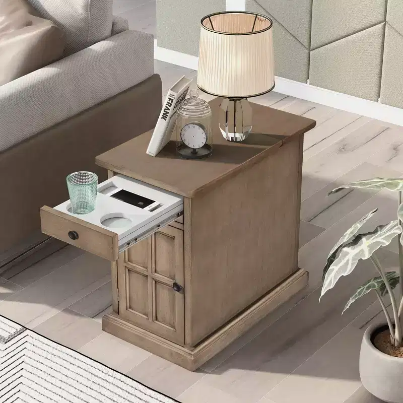 Classic Vintage End Table with USB Ports and 1 Drawer with Cup Holders, Sofa Side Bedside Nightstand Narrow Table for Living Room Bedroom