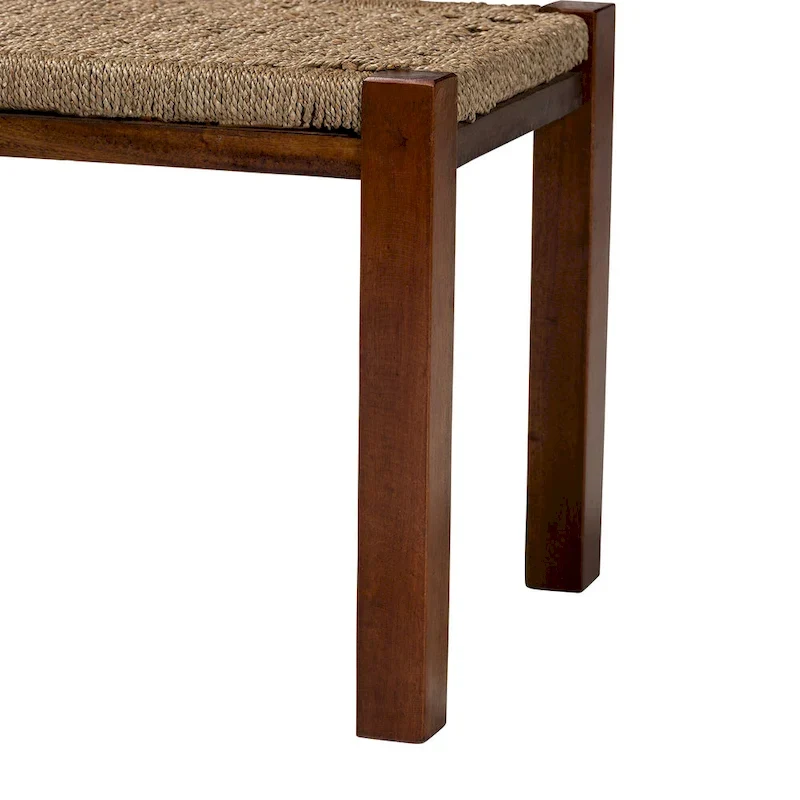 Mid-Century Transitional Bench with Woven Seagrass Seat and Mahogany Frame