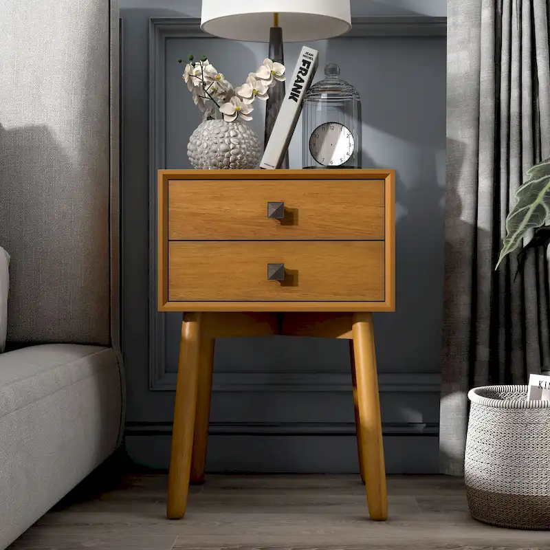 Mid-Century Modern Wood 2-Drawer Compact Nightstand Side Table