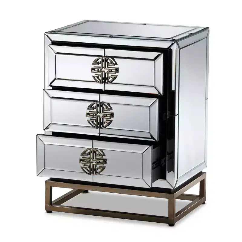 Laken 3 Drawers Mirrored Nightstand - Baxton Studio: Elegant Antique Bronze, Beveled Edges, No Assembly Required