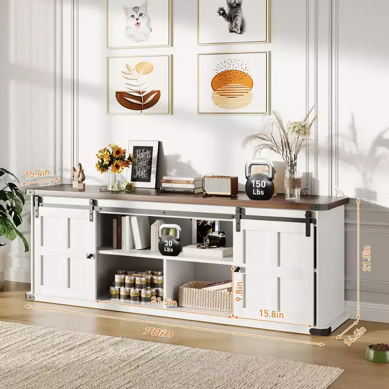 TV Stand for 75 in TVs, Farmhouse Entertainment Center with Sliding Barn Doors & Storage Cabinets, Modern TV Console Table for Living Room Bedroom