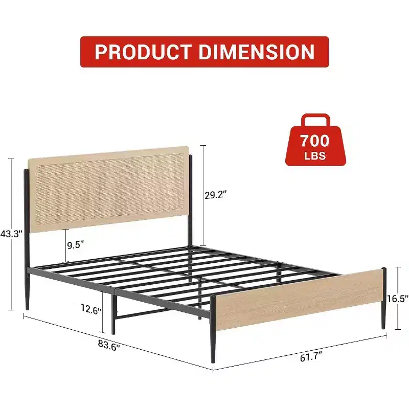 Acekool Full Size Bed Frame 2-Pack with Natural Rattan Headboard, Storage Space, Noiseless, No Box Spring, Full, Set of 2