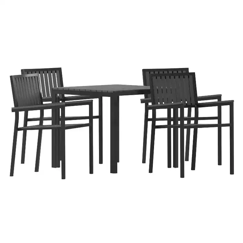 Merrick Lane 5 Piece Indoor/Outdoor Dining Set with Table and Four Chairs with Black Poly Resin Slats