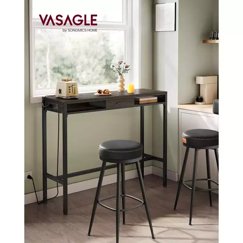 Bar Table with Power Outlet, 39.3 Inches Bar Height Pub Table, Rectangular Storage Kitchen Table with Movable Drawer, 2 Hooks, Narrow High Top Table