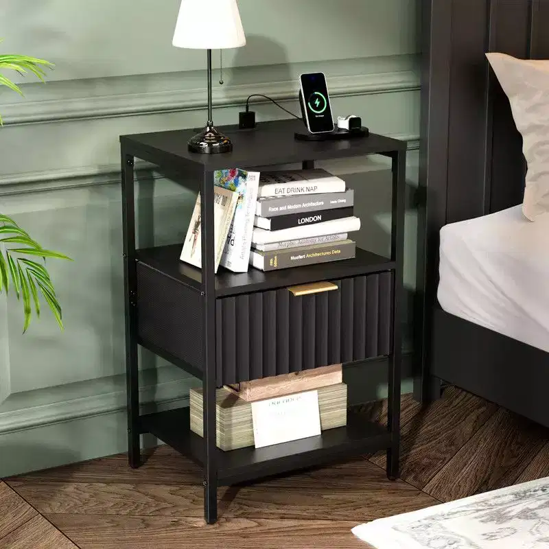 Karl Home 15 Inches Wide Nightstand - 1 Drawer, 2 Shelves, US Power Outlet