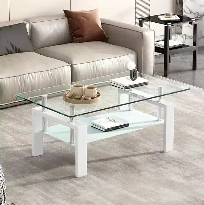 Glass Coffee Table, Modern Side Coffee Table For Living Room, 2-Tier Tea Table With Tempered Glass Tabletop, Lower Shelf For Living Room