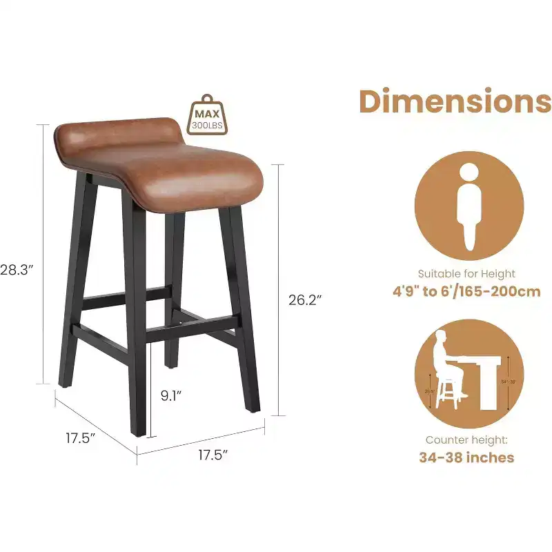 Counter Height Bar Stool with Low Back & Footrest, Wood Frame, Wide PU Leather Seat for Kitchen Islands & Counter Bars