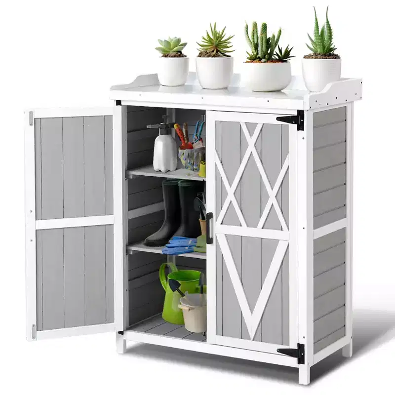 Wooden Potting Bench with Galvanized Tabletop and Storage Cabinet