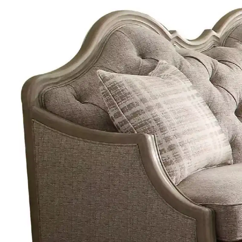 Tufted Loveseat Beige Fabric Upholstered Camelback Sofa Antique Taupe Wood Legs