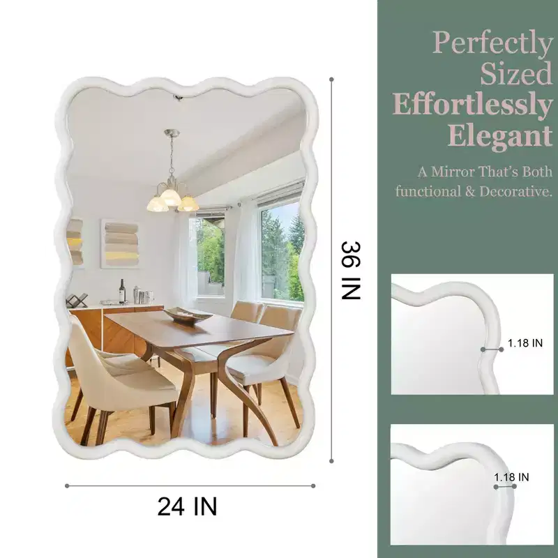 24 x 36 Wavy Rectangle Solid Wood Frame Decorative Mirror Modern Farmhouse Wall Mirror For Bedroom Bathroom Living Room Entryway White
