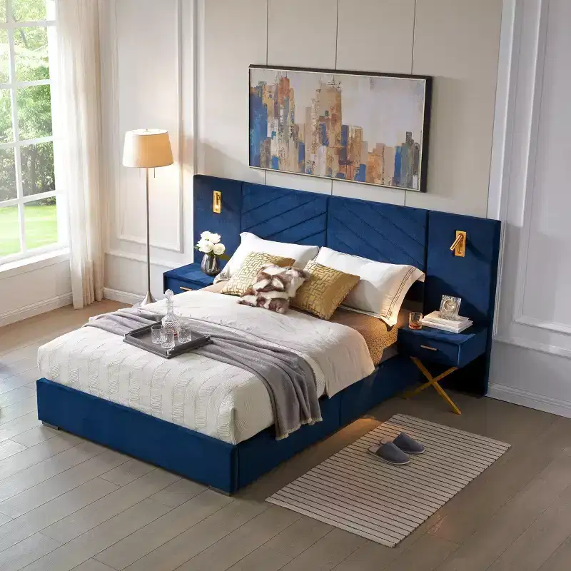 Modern Velvet Bed Frame, Wingback Headboard, LED Lights & 2 Floating Nightstands