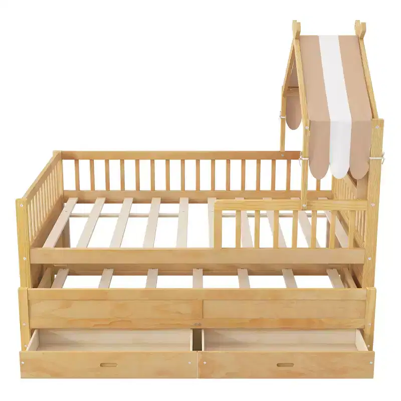 GDFStudio Sanders Wooden House Bed with trundle and Fabric