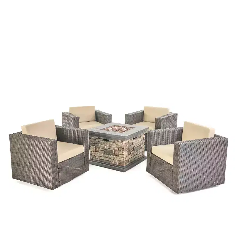 GDFStudio Venice Outdoor Wicker 5 Piece Swivel Club Chair and Fire Pit Set