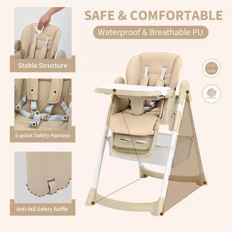 Foldable Baby High Chair with 5-Point Harness - Adjustable Height, Removable Tray & Locking Wheels, PU Leather Portable Highchair (Dark Grey)