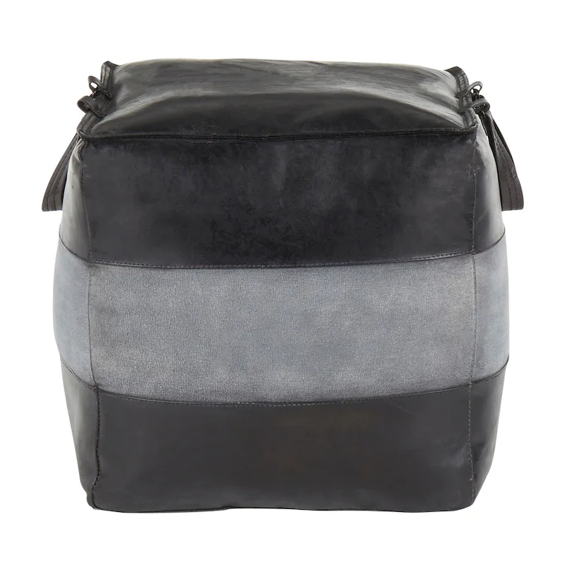 Leather & Canvas Pouf Ottoman – Brown/Tan, Black/Grey, Espresso/Tan – 1 Person