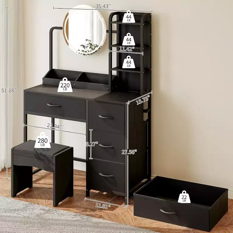 Vanity Desk with Mirror and Lights, Black Vanity Table with Charging Station and Stool, Large Makeup Desk with 4 Drawers, Dressing Table