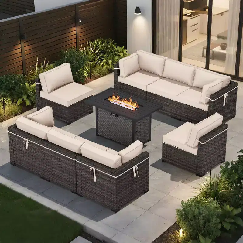 UPTIOT Premium All-Weather Outdoor Sectional Set with 4 Corner Loungers, 4 Deep Seats & Grey Convertible Fire Table