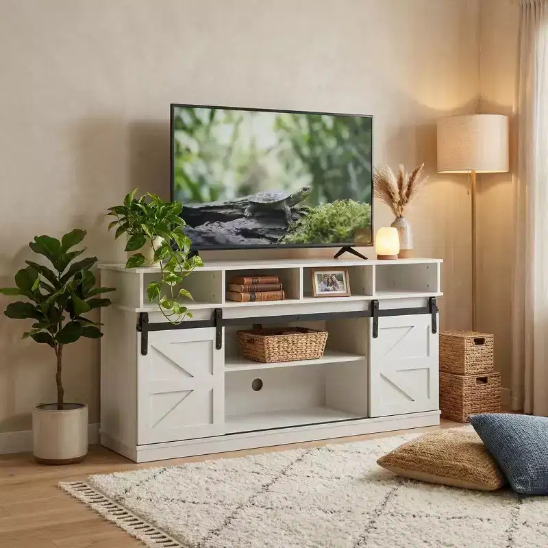 FurnitureR 58 Farmhouse TV Stand for TVs up to 65, Sliding Barn Doors, Storage Cabinet with Shelves, Modern Entertainment Center
