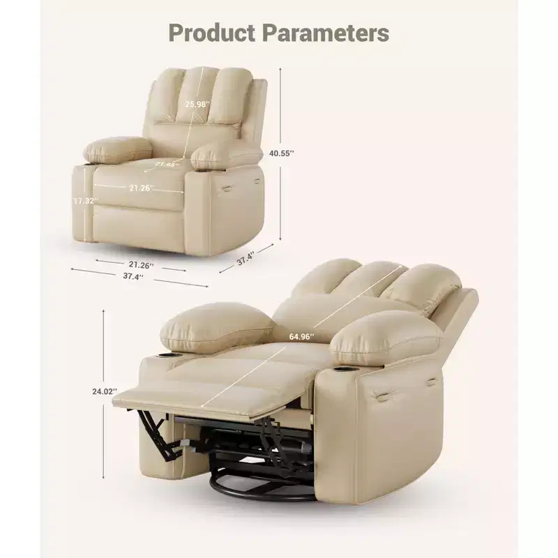 22'' Recliner Chair for Adults, Manual Recliner with 1.5X Sponge Filling, PU Leather Single Sofa with Cup Holders and Side Pockets, Vintage Leather