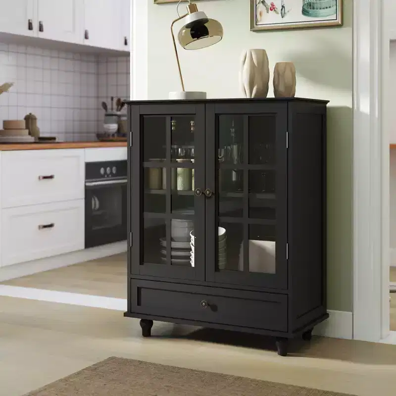 Green/Black/Blue Storage Cabinet with Glass Doors, 2 Doors & 1 Drawer, for 1 Person