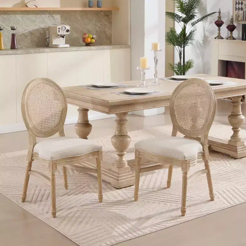 2 French Rustic Upholstered Dining Chairs with Round Rattan Back, Farmhouse Solid Wood Armless Kitchen Chairs for Dining Room