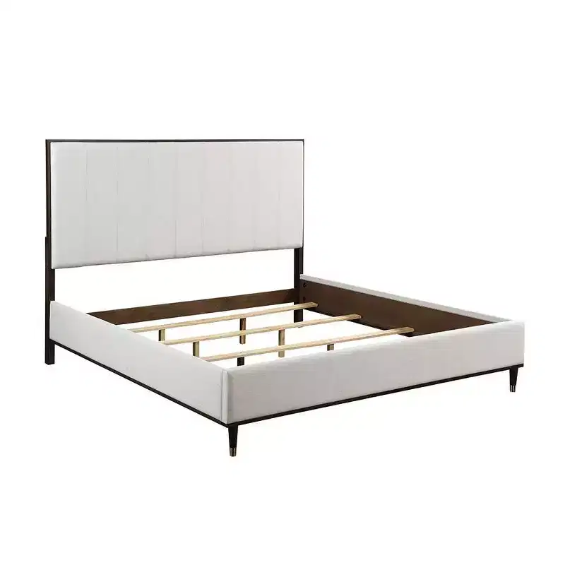 64.25 Queen Bed Carena Bed Light Gray Fabric White Brown Finish - Acme Furniture: Upholstered Headboard, Wood Frame, Box Spring Required
