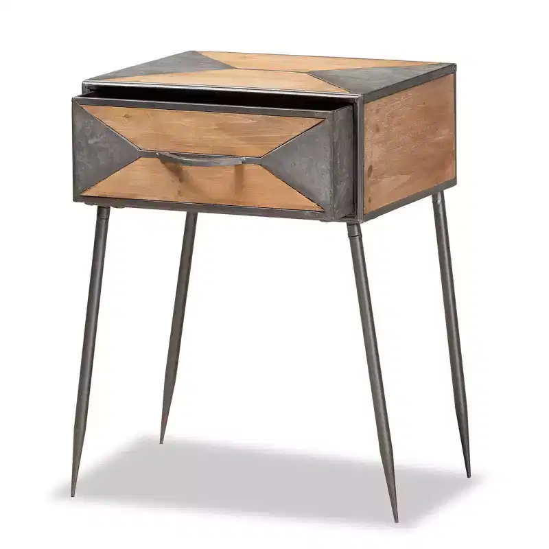 Metal and Wood 1-Drawer Nightstand in Gray/Brown