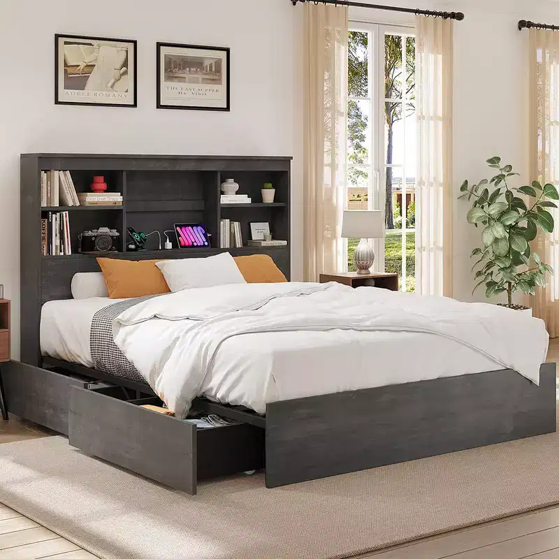 Bed Frame with Bookcase Headboard, 4 Drawers & Built-in Charging Station – No Box Spring Needed