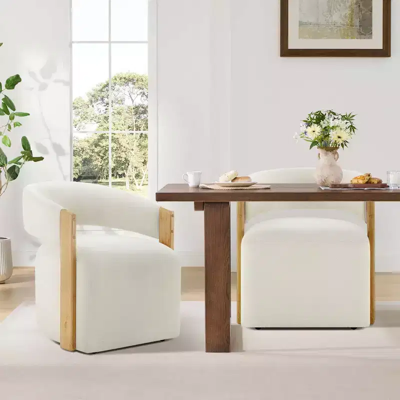 Upholstered Dining Chair with Wood Armrests & Hidden Wheels