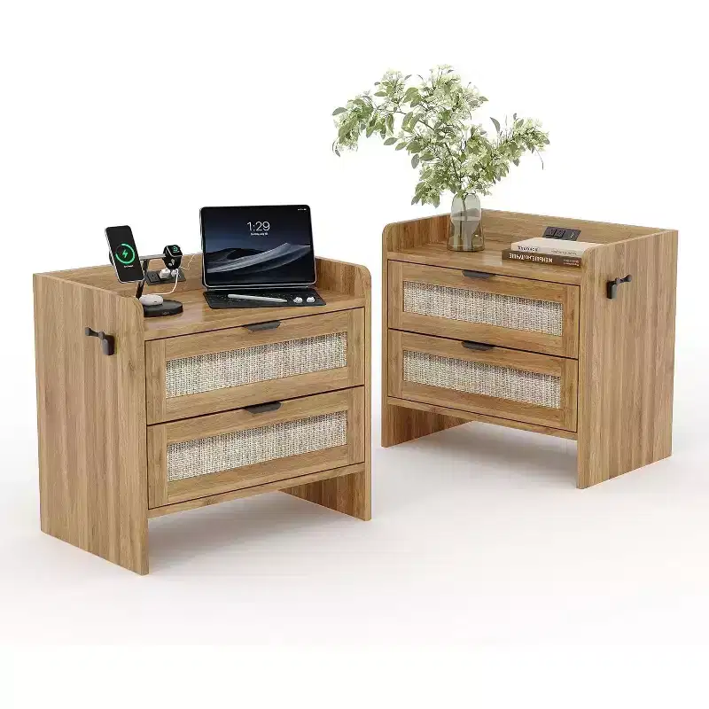 Rattan Nightstand with Charging Station, 2-Drawer Boho Bedside Table with Type-C and USB Ports