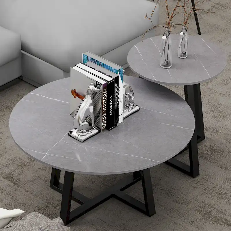 Set of 2 Round Nesting Tables Sintered Stone Marble Coffee Table - 31.5x15.7 inch