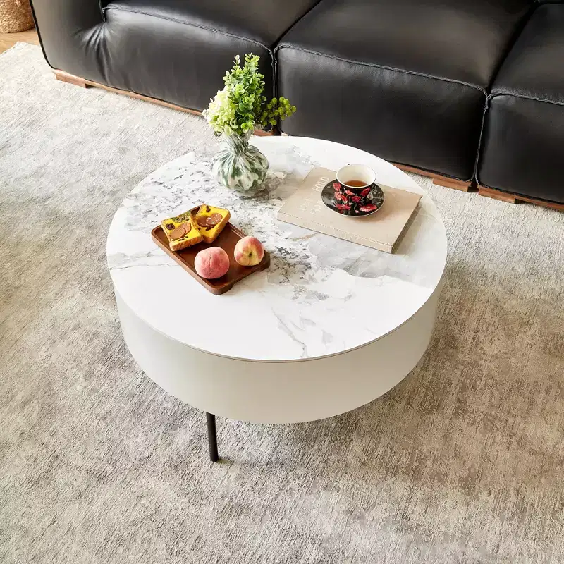 Modern Round Coffee Table, Wood & Ceramic with Drawers and Metal Legs