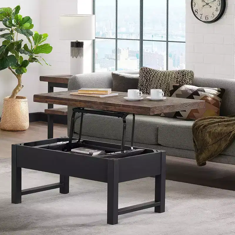 42" Pomona Coffee Table: Rustic Lift-Top Storage, Distressed Pine Wood, Industrial Style, Black Frame