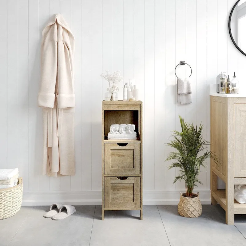 Farmhouse Bathroom Storage Organizer with Drawers and Open Shelf