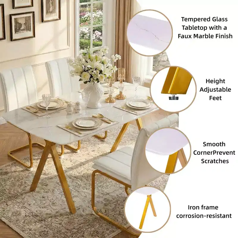 GDFStudio Daniela Modern Tempered Glass Rectangular Dining Table with Marble Design and Metal Legs