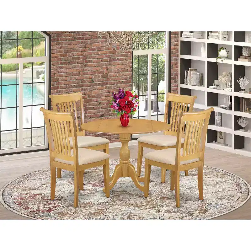 HomeStock 5-Piece Natural Oak Finish Solid Wood Top Dining table with 4 Chairs with Slat Back