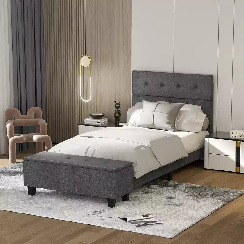 Full Upholstered Bed Frame with Ottoman Storage and Tufted Headboard