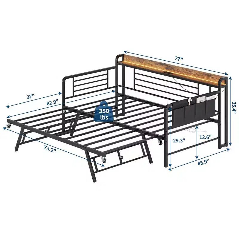 Twin Daybed with Trundle, Storage Headboard + Charging Station & Extra Storage Bags, Sturdy Sofa Bed for Living Room Guest Room