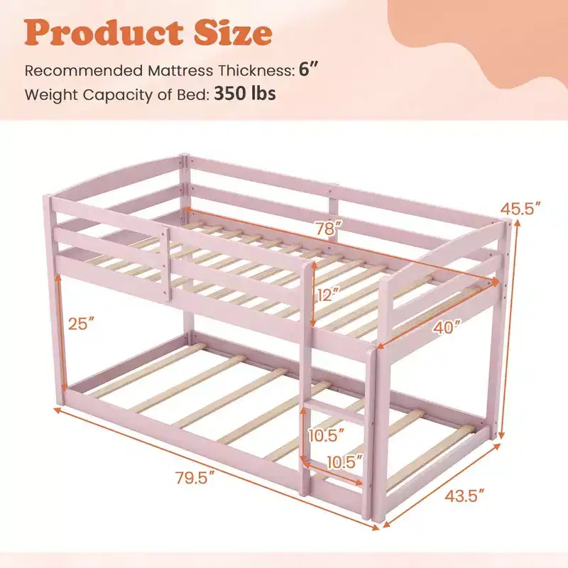 Costway Twin over Twin Low Bunk Bed with Guardrails Integrated Ladder Kids Wooden Grey/White/Beige/Pink