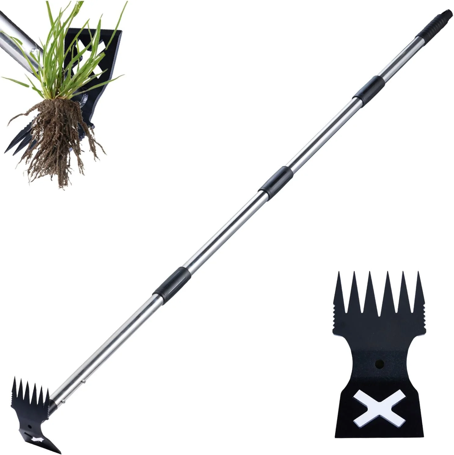 Long Handle Weed Puller Tool Heavy Duty Garden Hoe and Rake 60 Inch 2 in 1 Manual Weeder for Garden Yard Lawn