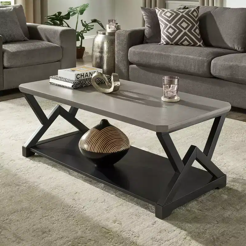 Industrial Black Coffee Table with Cement Top and Open Shelf