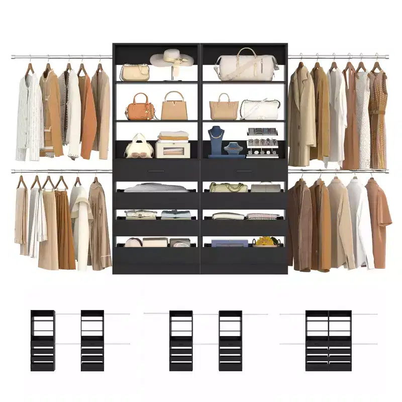 Besiost Closet System with 8 Wooden Drawers and 4 Hanging Rods