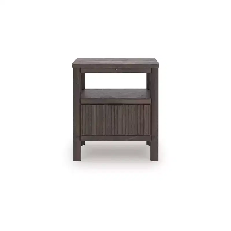 Signature Design by Ashly Cadmori One Drawer Nightstand - Rich Brown Walnut Finish, USB-A & USB-C Charging, Ambient Lighting, Reeded Accents