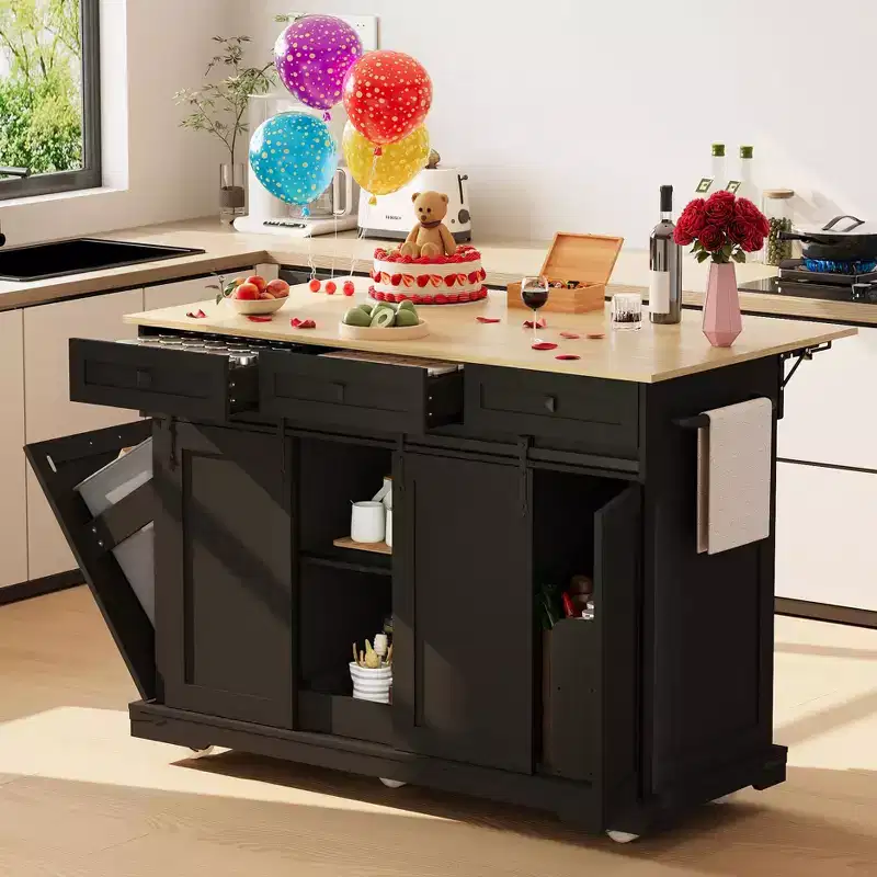53.9 Kitchen Island With Drop Leaf, Kitchen Cart on Wheels with 3 Drawers & Trash Can Storage, Rolling Island Table for Dining Room, Kitchen