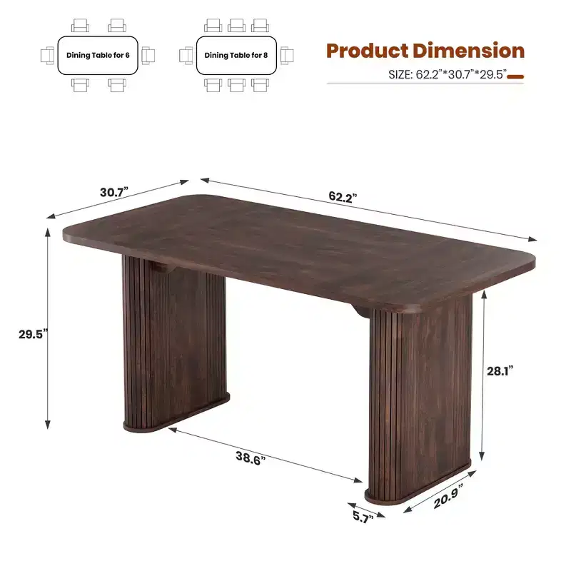 63-inch Dining Table for 6-8, Farmhouse Kitchen Table w/Large Tabletop, Rectangular Dinner Eating Table for Dining Room, Living Room, Kitchen